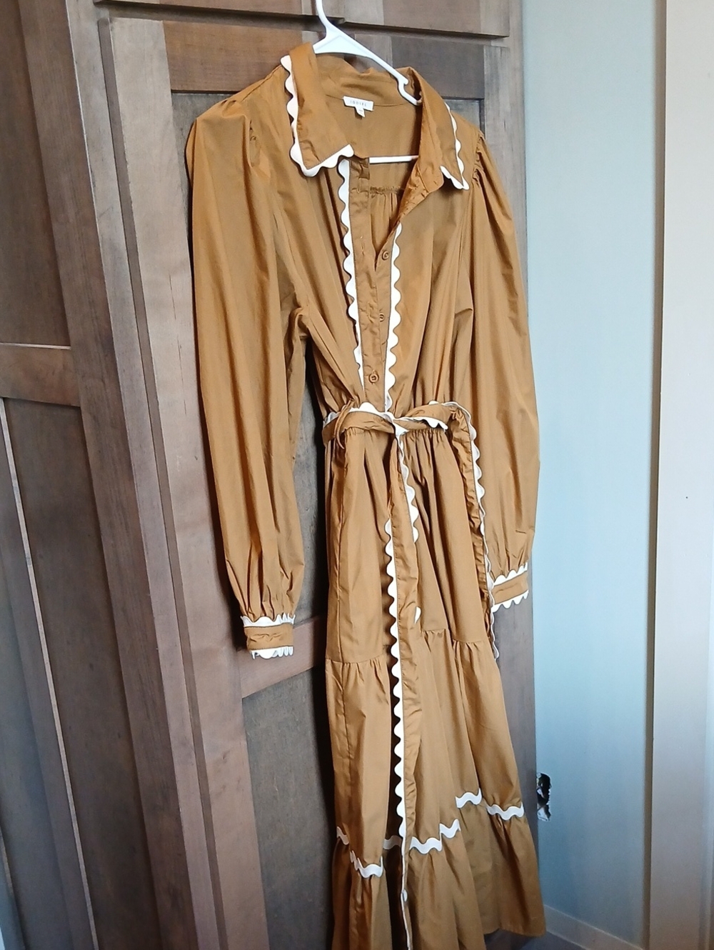 JODIFL Women's Mustard Brown Button-Front Tiered Shirt Dress with White Trim